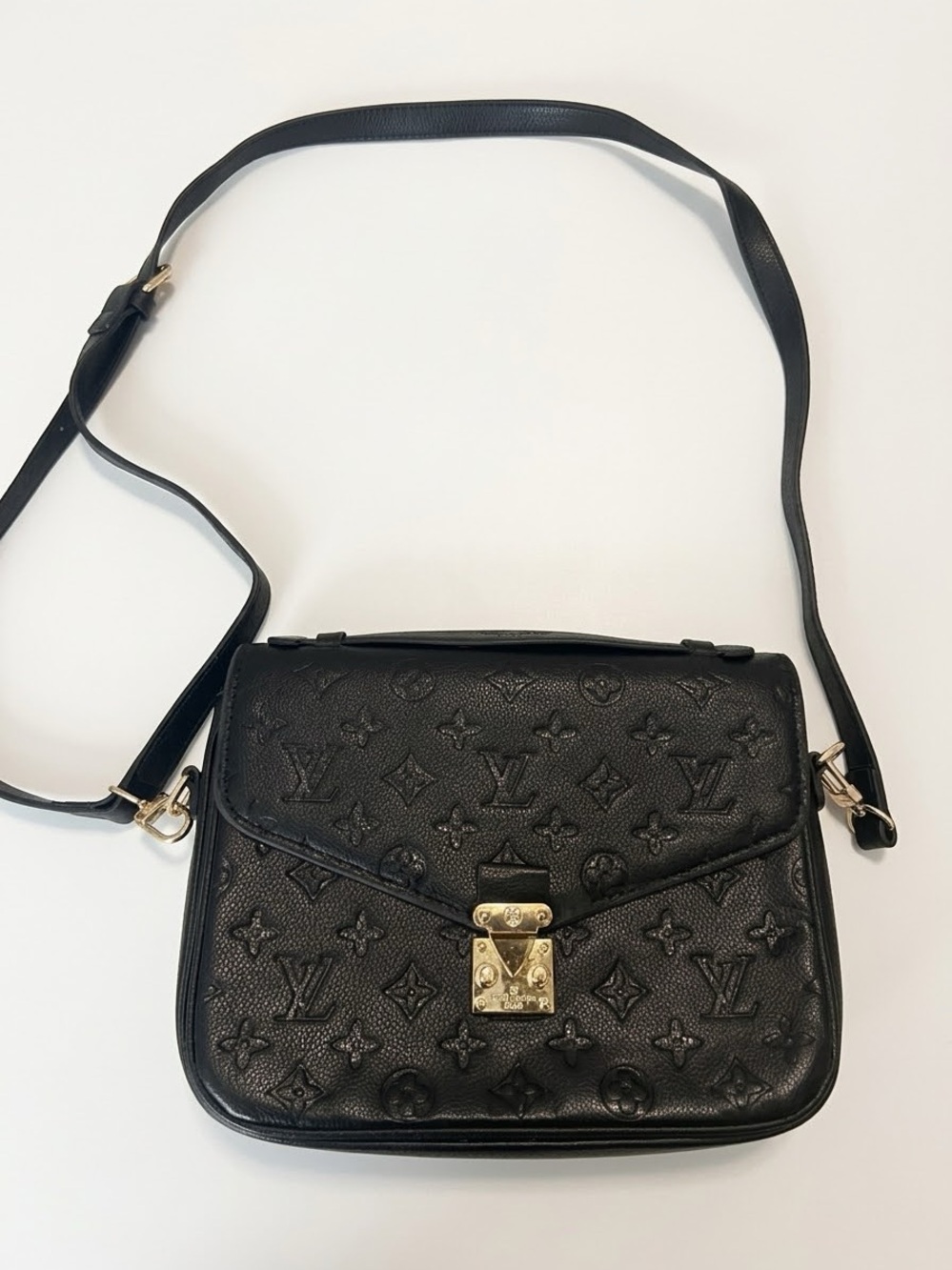 Louis VuiBlack Monogram Embossed Crossbody with Gold Hardware